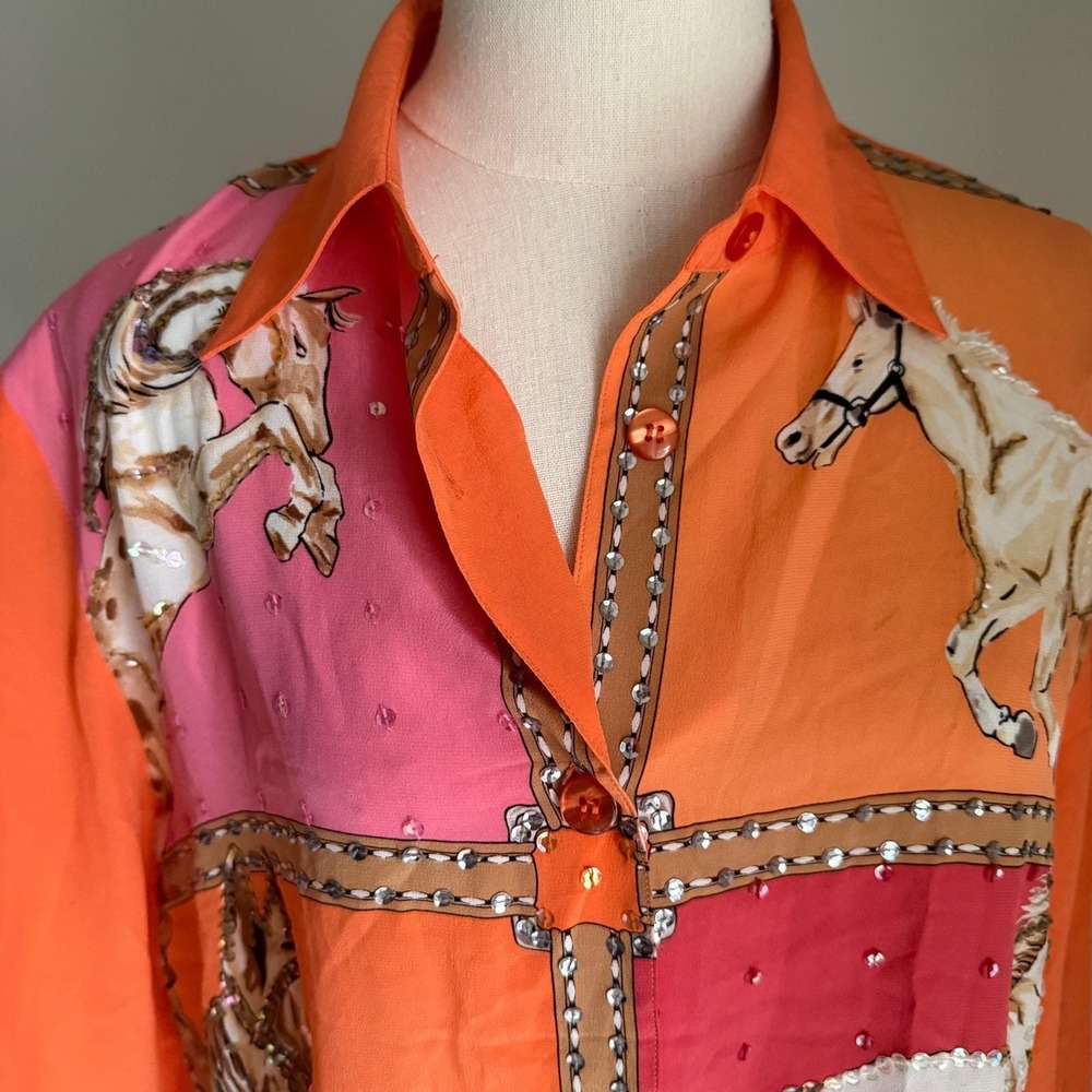 Vintage Diane Gilman Silk Equestrian‎ Horse Bling Blouse Medium Maximal Colorful - Picture 5 of 10